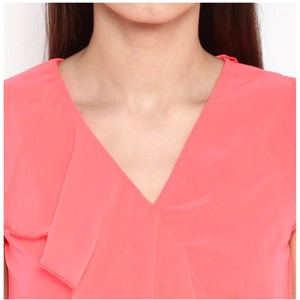 Amfyn Women's Polyester Ruffled Cap Sleeve Below Knee Dress (Coral Pink)