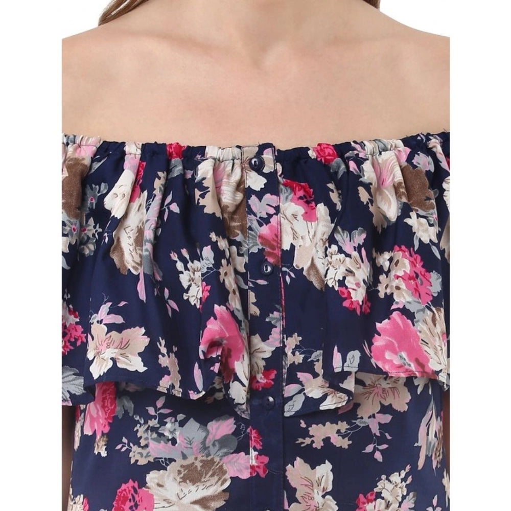 Amfyn Women's Polyester Crepe Floral Half Sleeve Above Knee Dress (Navy Blue)
