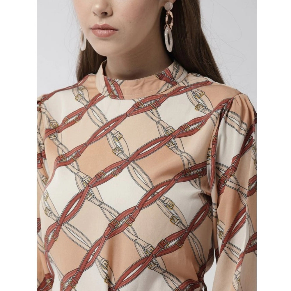 Amfyn Women's Polyester Checkered Long Sleeves Above Knee Dress (Off White - Brown)