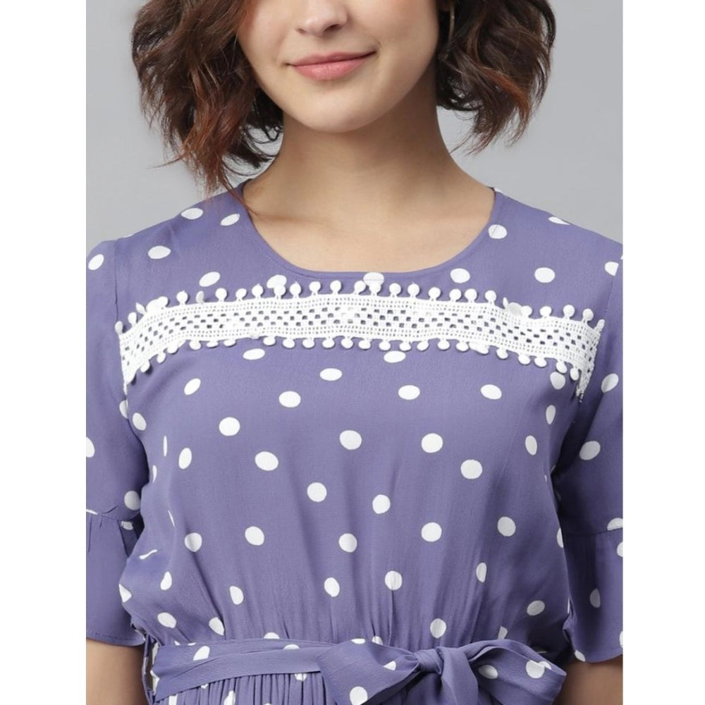 Amfyn Women's Polyester Polka Bell Sleeve Above Knee Dress (Lavender)