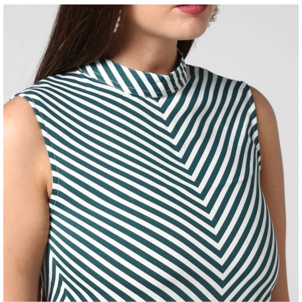 Amfyn Women's Polyester Striped Sleeveless Above Knee Dress (Green)