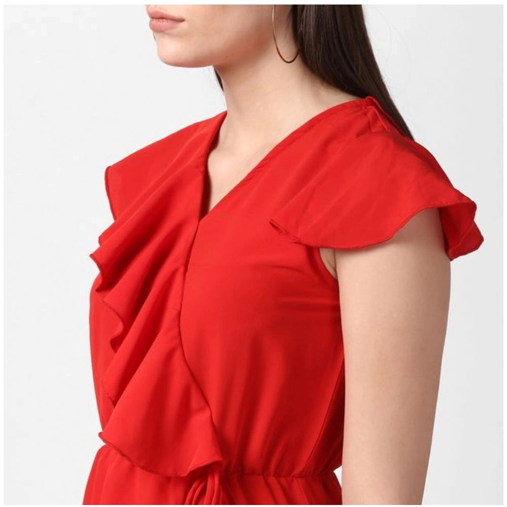 Amfyn Women's Polyester Ruffled Cap Sleeve Knee-Length Dress (Red)