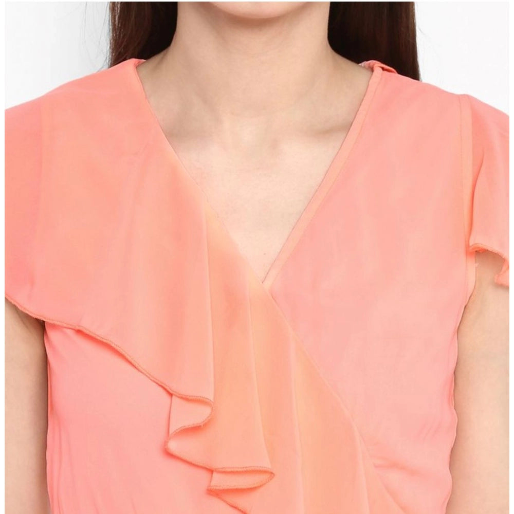 Amfyn Women's Polyester Ruffled Cap Sleeve Below Knee Dress (Neon Pink)