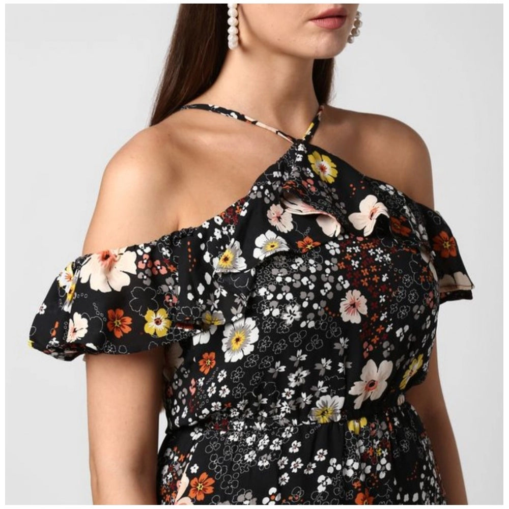 Amfyn Women's Polyester Floral Cold Shoulder Above Knee Dress (Black)