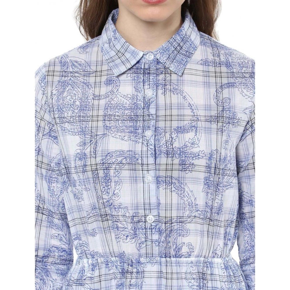 Amfyn Women's Cotton Checkered Roll Up Sleeve Above Knee Dress (Blue)