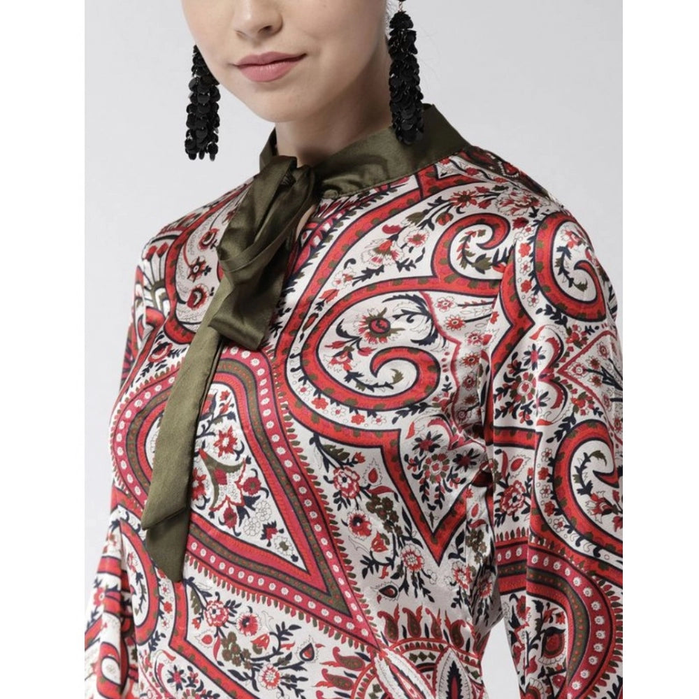 Amfyn Women's Polyester Printed Long Sleeves Above Knee Dress (Red)