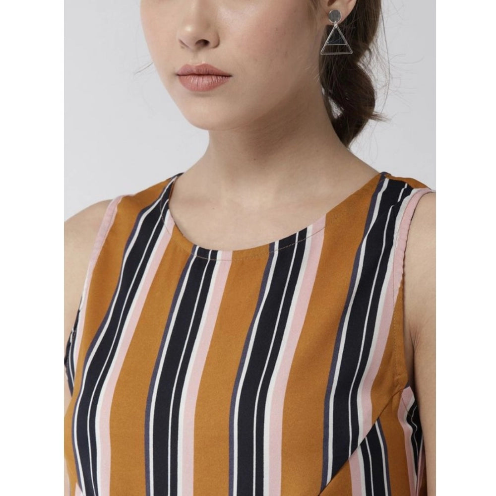 Amfyn Women's Polyester Striped Sleeveless Below Knee Dress (Mustard)