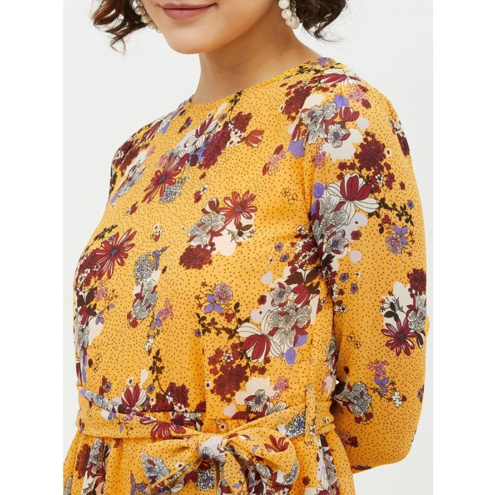Amfyn Women's Polyester Floral Long Sleeves Calf-length Dress (Multicolor)