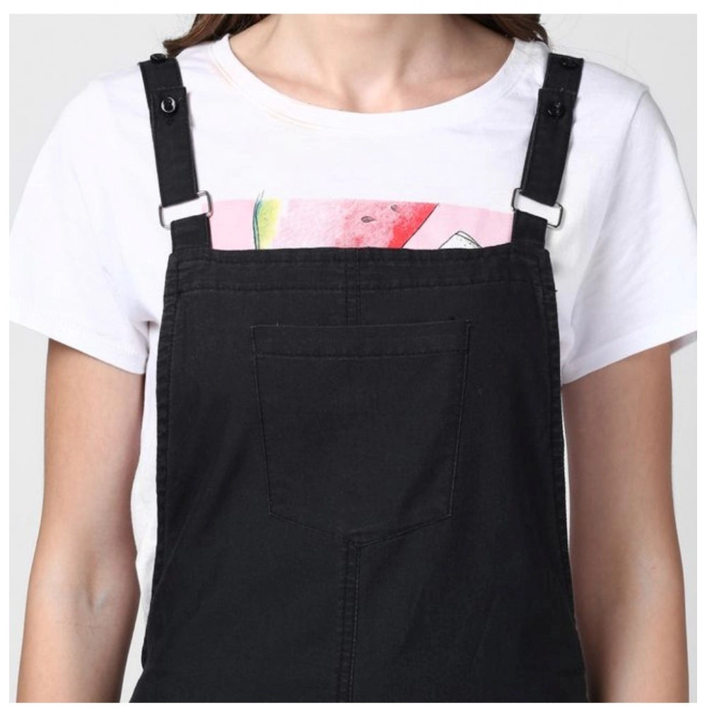 Amfyn Women's Denim Solid Shoulder Straps Above Knee Dungaree (Black)