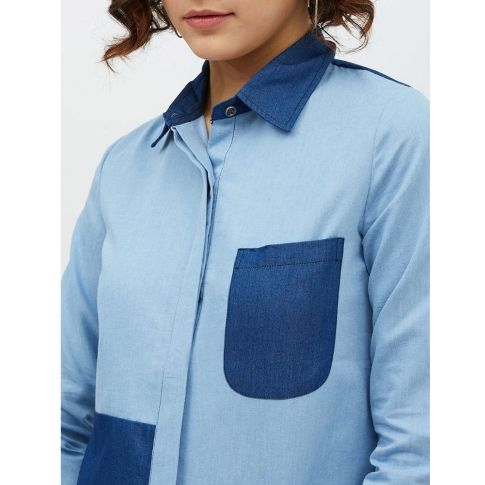 Amfyn Women's Denim Patch Work Long Sleeves Standard Length Shirt (Blue)
