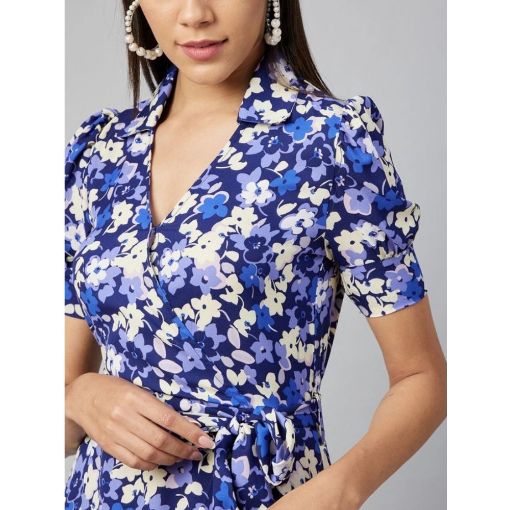 Amfyn Women's Polyester Floral Short Sleeve Above Knee Dress (Blue - Purple)