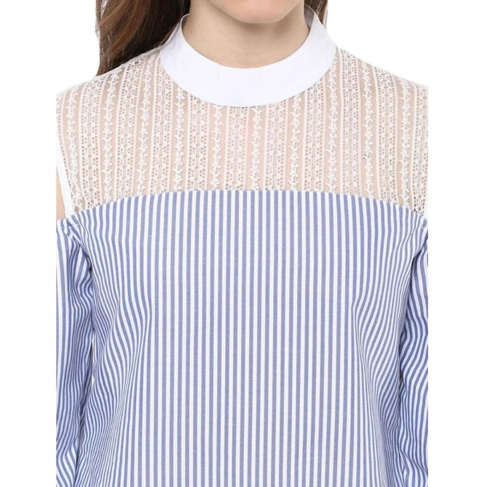 Amfyn Women's Cotton Striped Cold Shoulder Top (Blue)