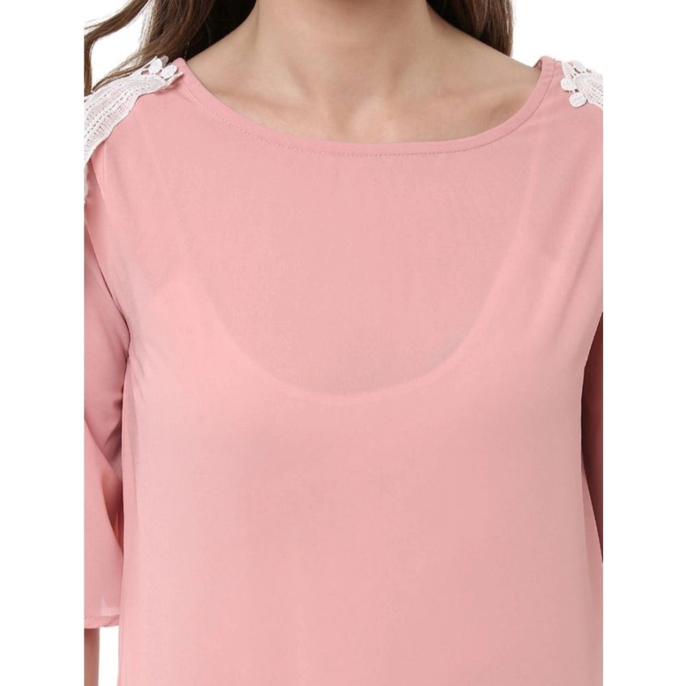 Amfyn Women's Polyester Lace Inserts Half Sleeve Top (Pink)