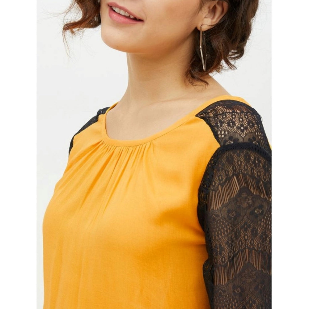 Amfyn Women's Rayon Lace Inserts Long Sleeves Top (Yellow)