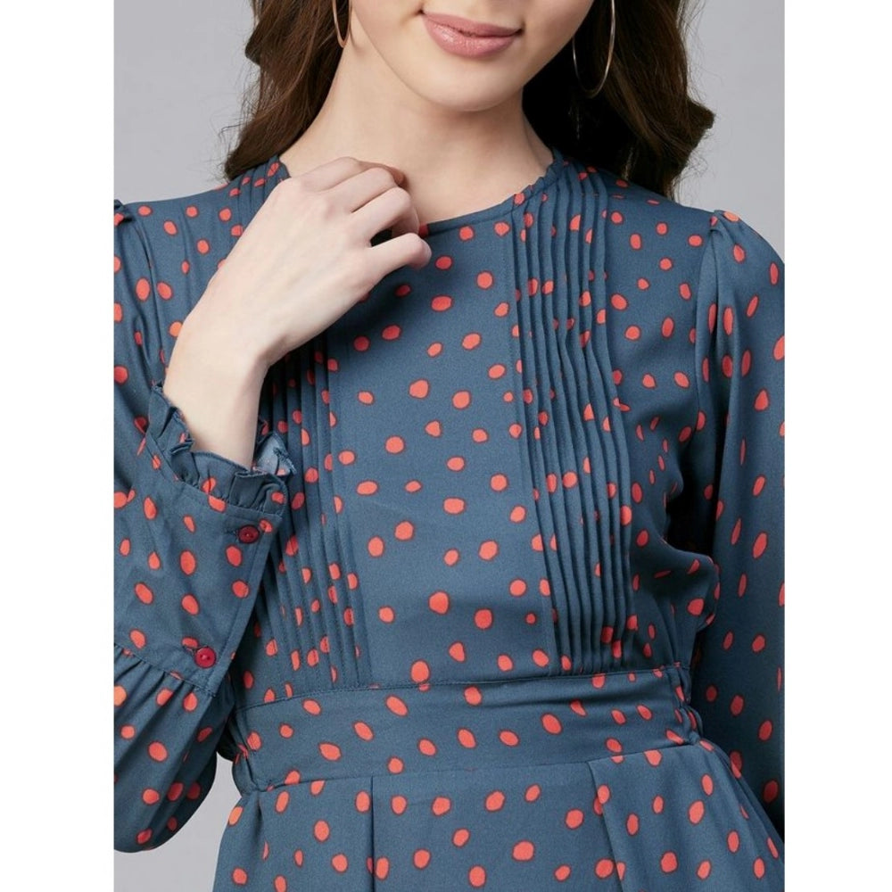 Amfyn Women's Polyester Polka Long Sleeves Above Knee Dress (Grey - Coral)