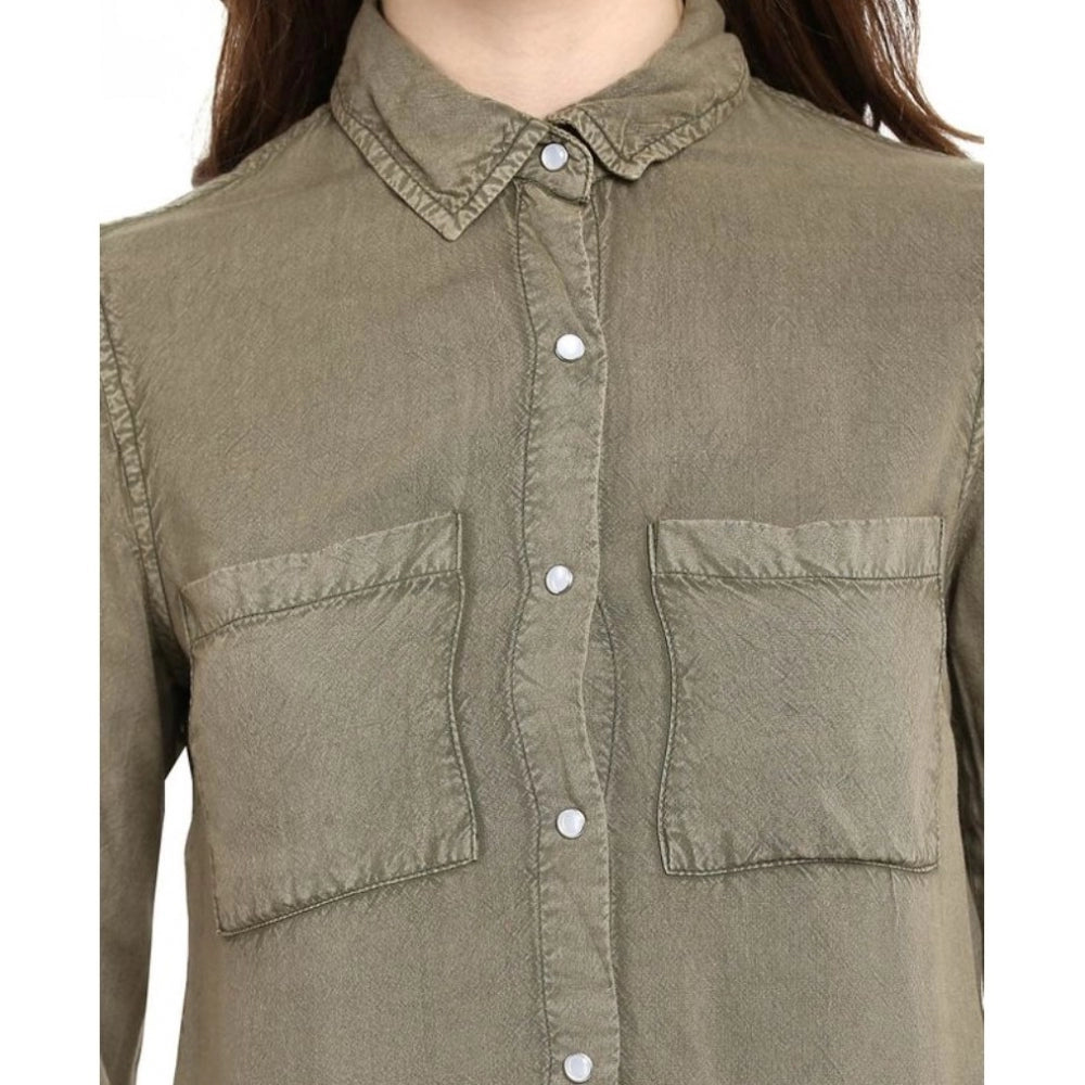 Amfyn Women's Rayon Solid Long Sleeves Standard Length Shirt (Olive Green)
