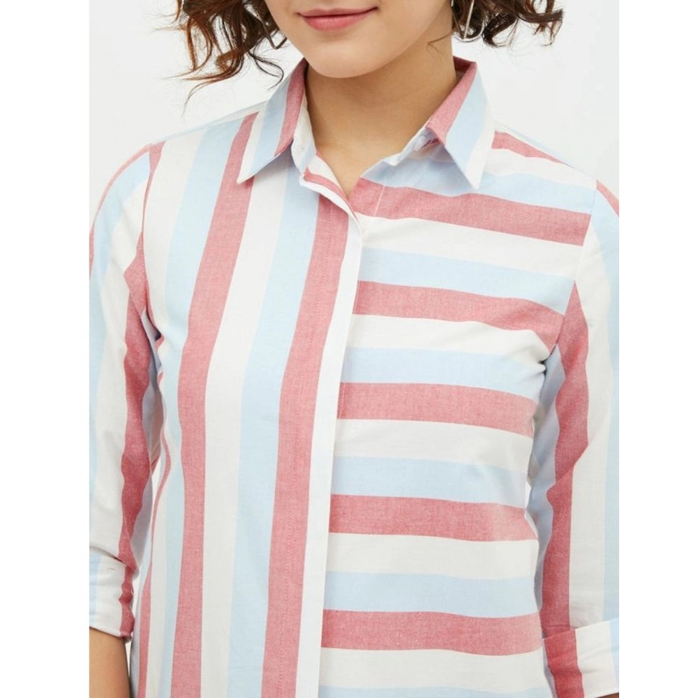 Amfyn Women's Cotton Striped Long Sleeves Standard Length Shirt (Pink)