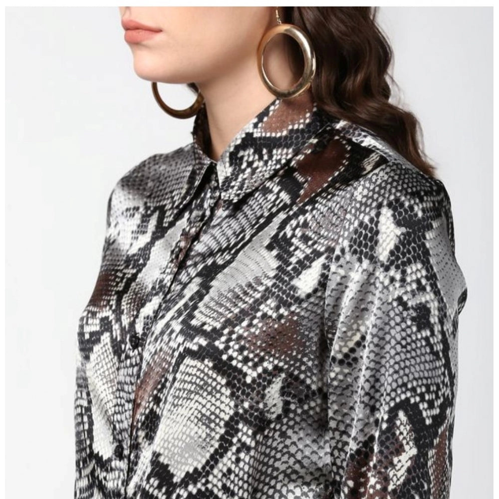 Amfyn Women's Satin Animal Print Long Sleeves Standard Length Shirt (Black - Grey)