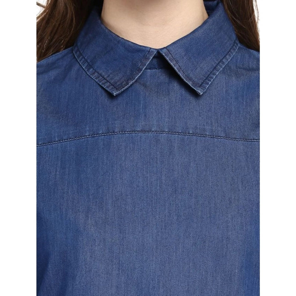 Amfyn Women's Denim Solid Cold Shoulder Regular Top (Blue)