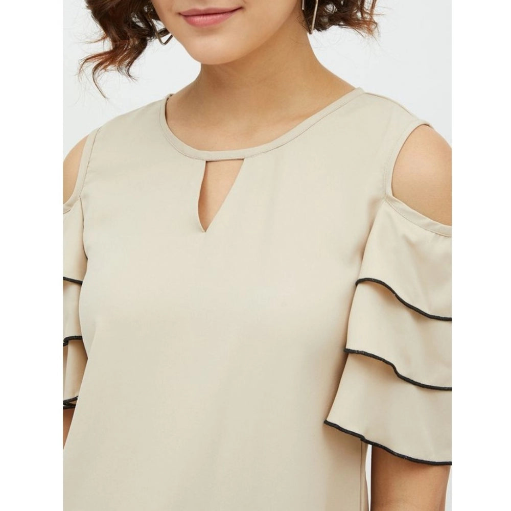Amfyn Women's Polyester Tiered Cold Shoulder Top (Beige)
