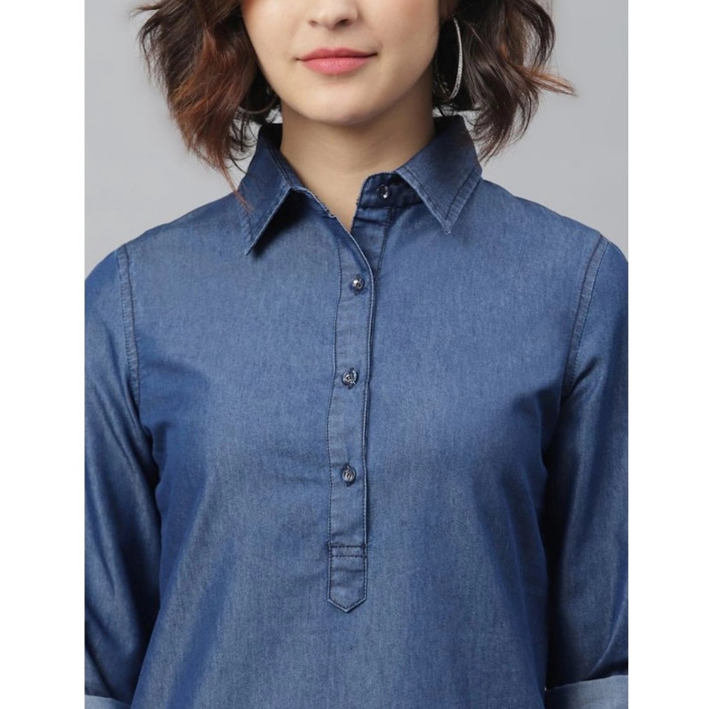 Amfyn Women's Denim Solid Long Sleeves Above Knee Dress (Navy Blue)