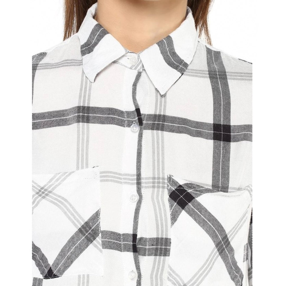Amfyn Women's Rayon Checkered Long Sleeves Standard Length Shirt (Black - White)