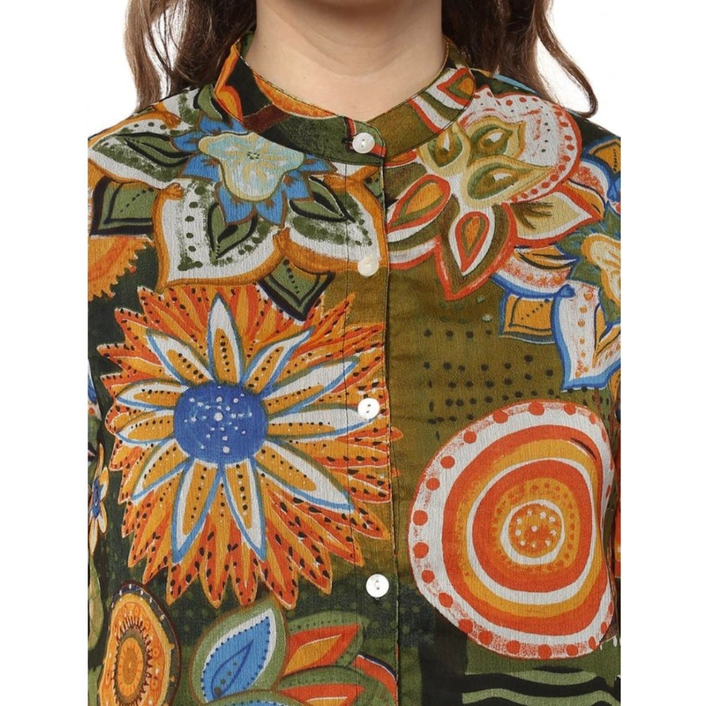 Amfyn Women's Polyester Floral Balloon Sleeve Top (Mustard - Olive)