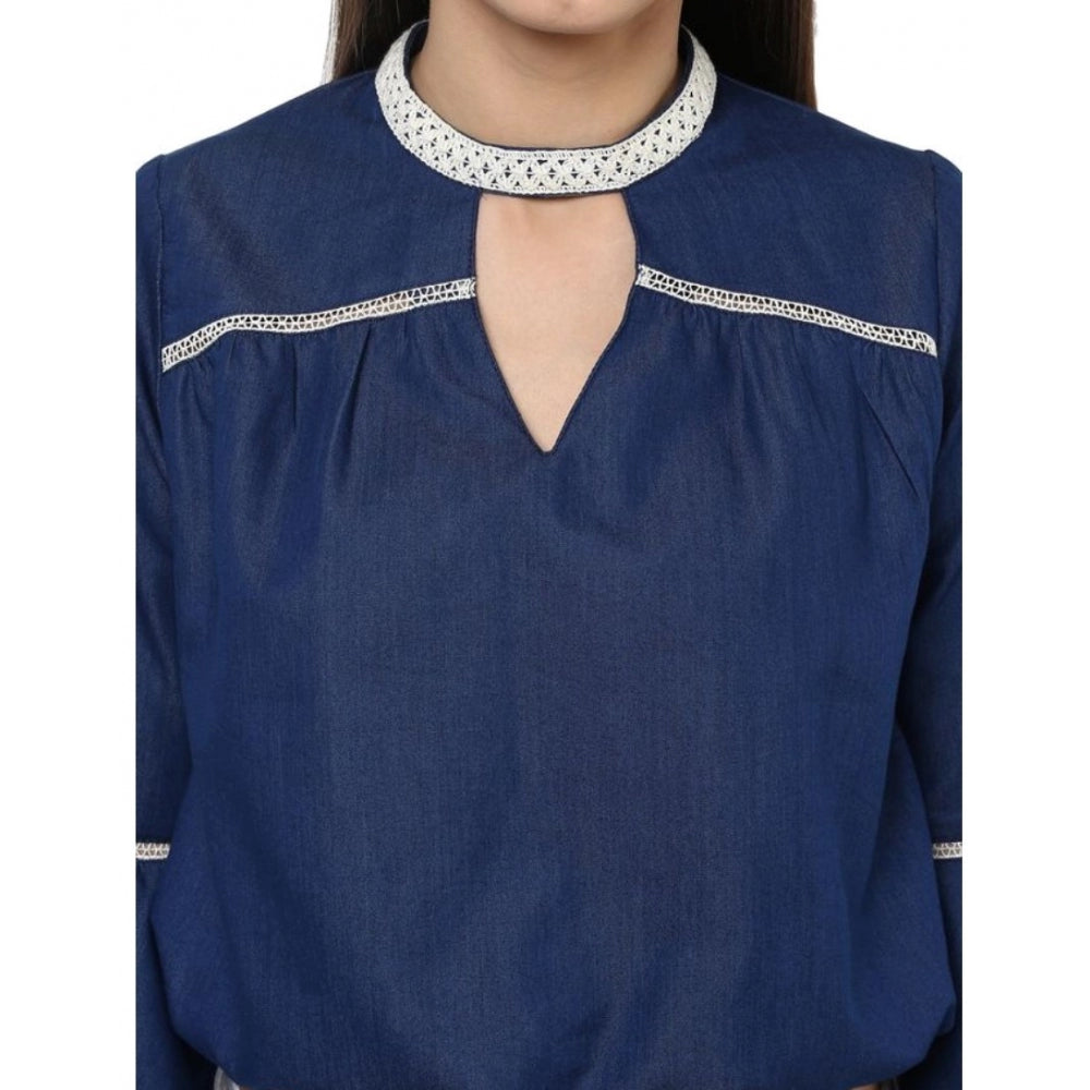 Amfyn Women's Polyester Solid Bell Sleeve Regular Top (Blue)