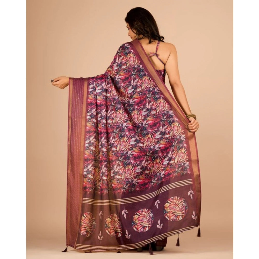 Amfyn Women's Digital Printed Saree With Unstitched Blouse (Wine, 5-5 Mtrs)