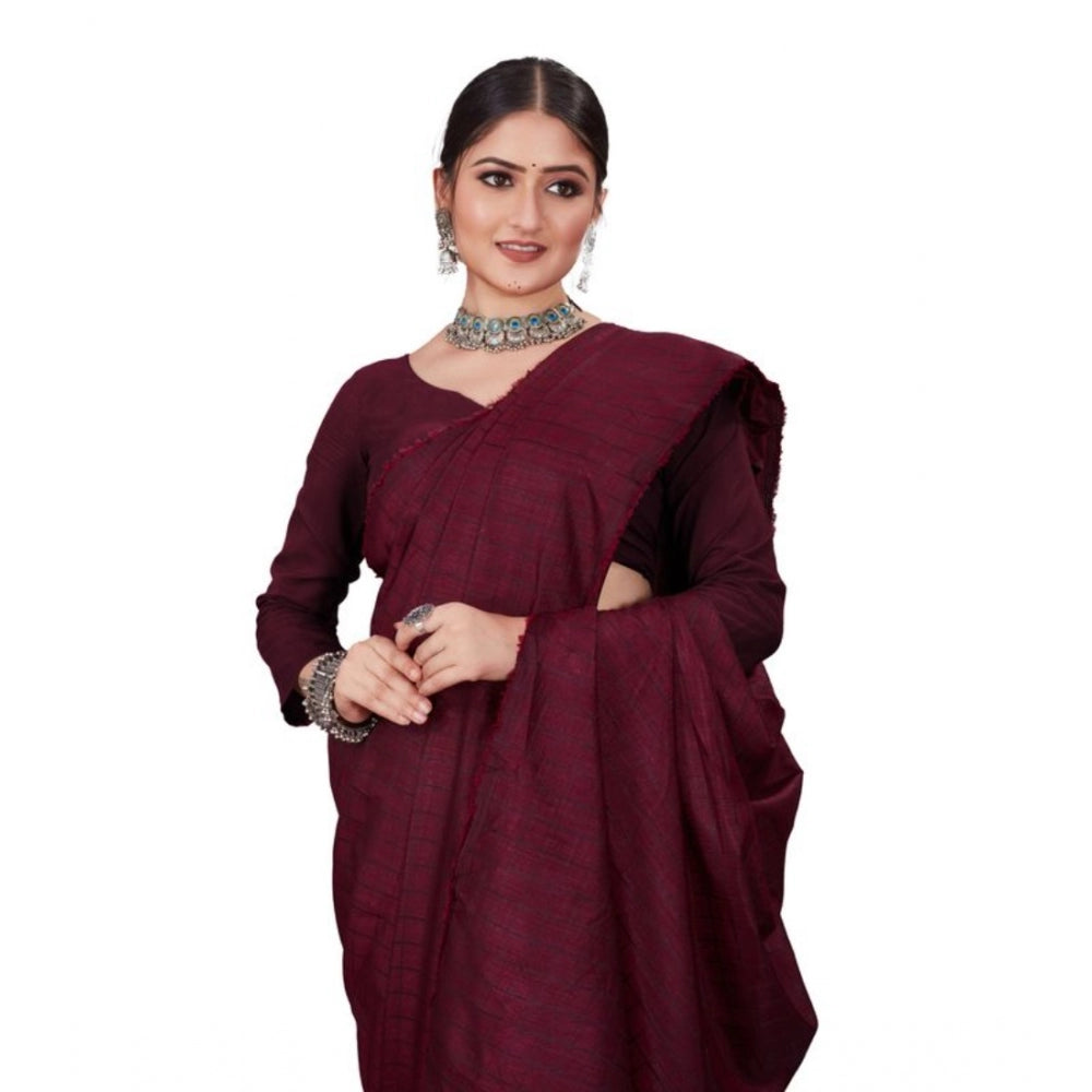 Amfyn Women's Vichitra Checked Saree With Unstitched Blouse (Maroon, 5-5 Mtrs)