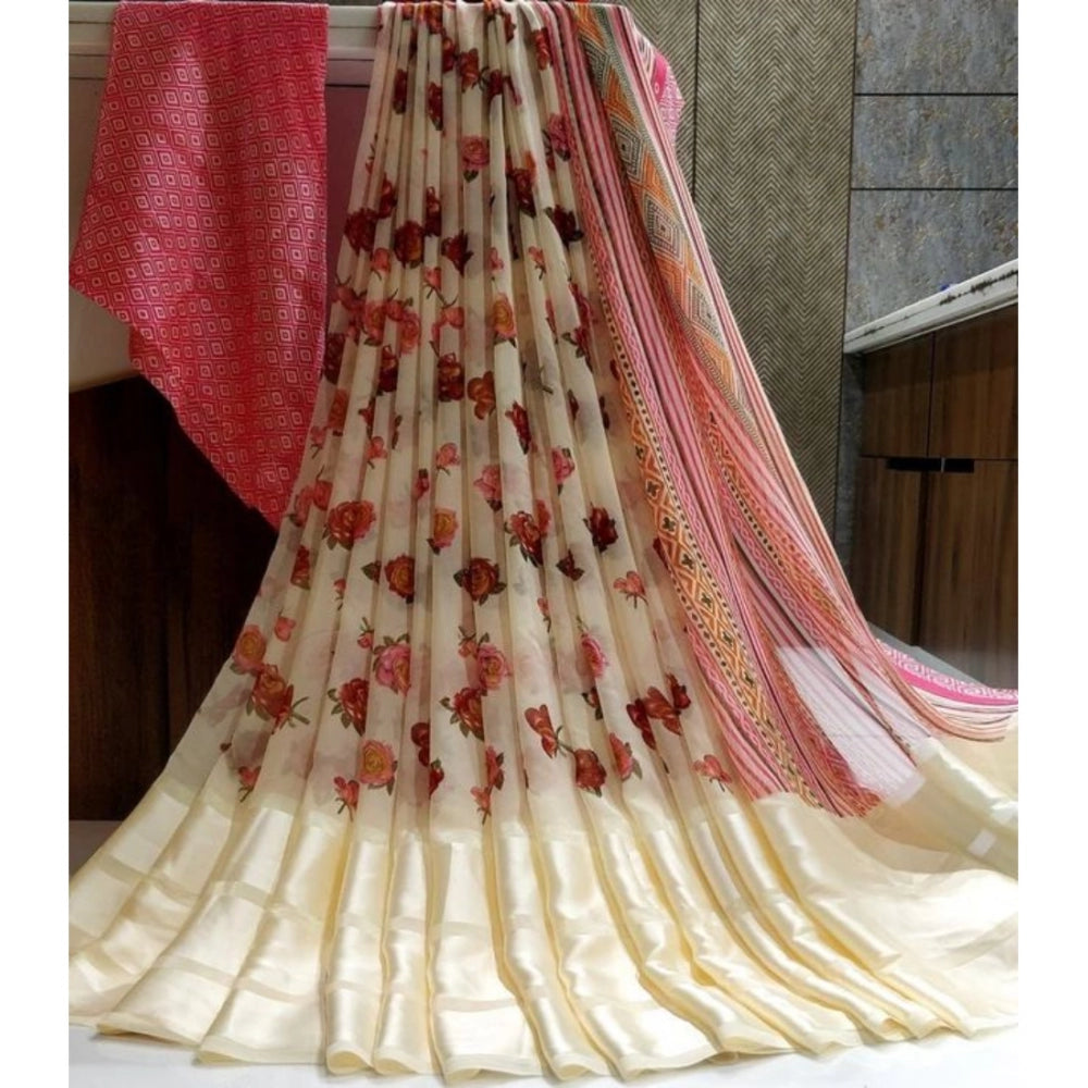 Amfyn Women's Sattin Patta Printed Saree With Unstitched Blouse (Cream, 5-5 Mtrs)