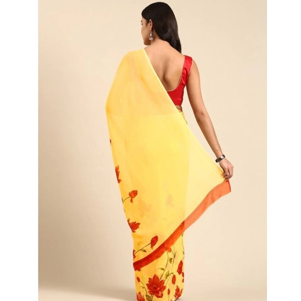 Amfyn Women's Georgette Printed Saree With Unstitched Blouse (Yellow, 5-5 Mtrs)