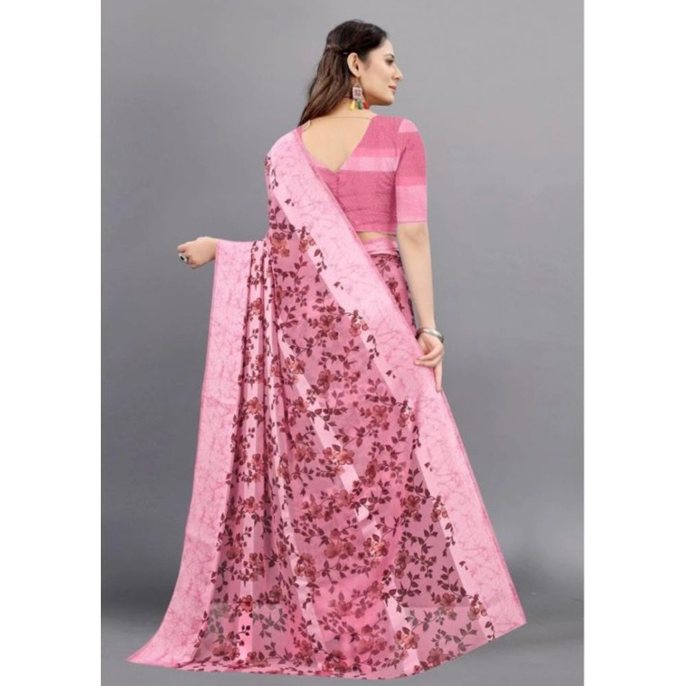 Amfyn Women's Sattin Patta Printed Saree With Unstitched Blouse (Pink, 5-5 Mtrs)