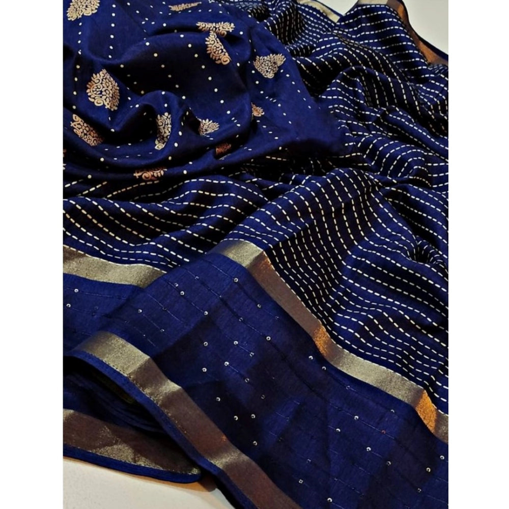 Amfyn Women's Dola Silk Printed Saree With Unstitched Blouse (Navy Blue, 5-5 Mtrs)