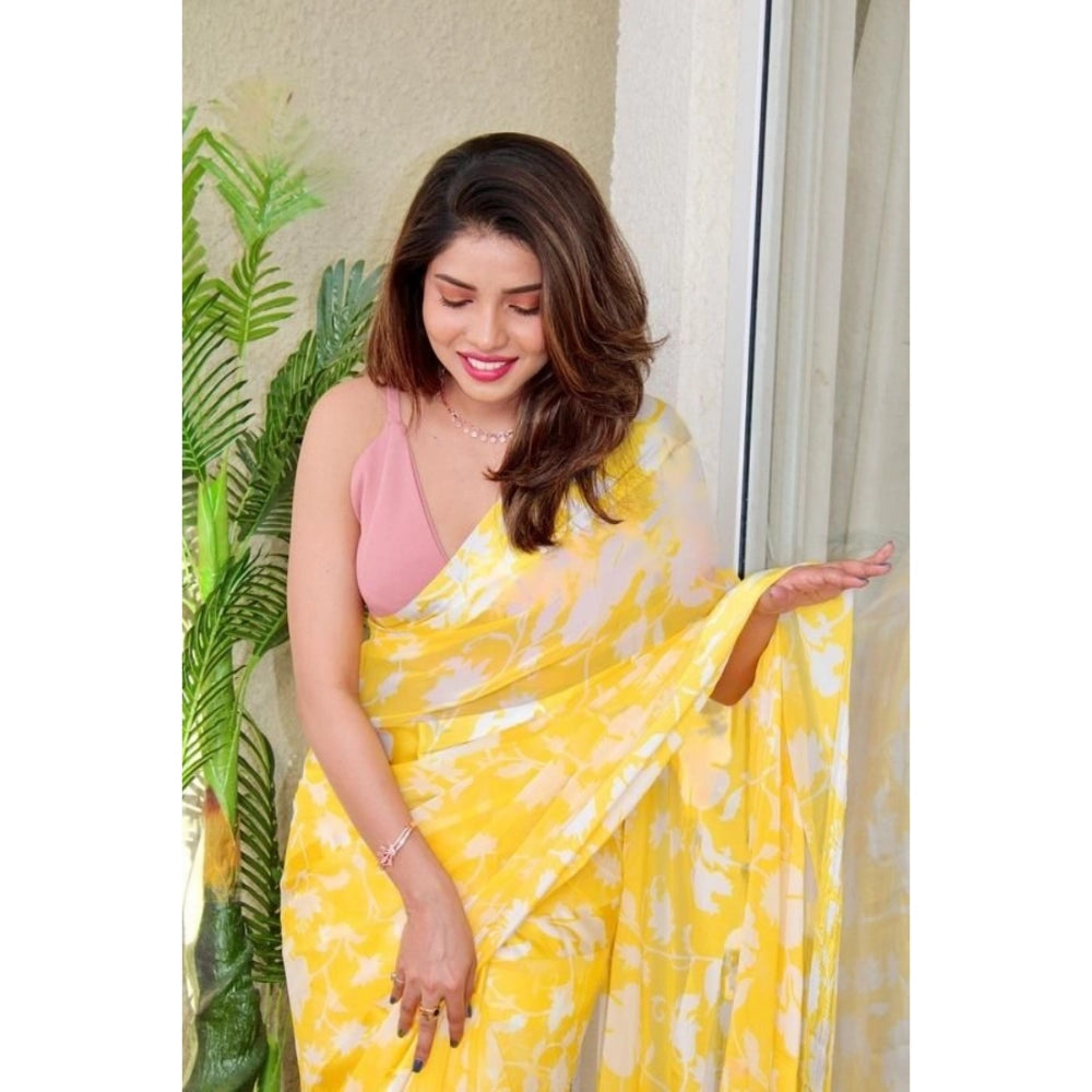 Amfyn Women's Sattin Patta Printed Saree With Unstitched Blouse (Yellow, 5-5 Mtrs)