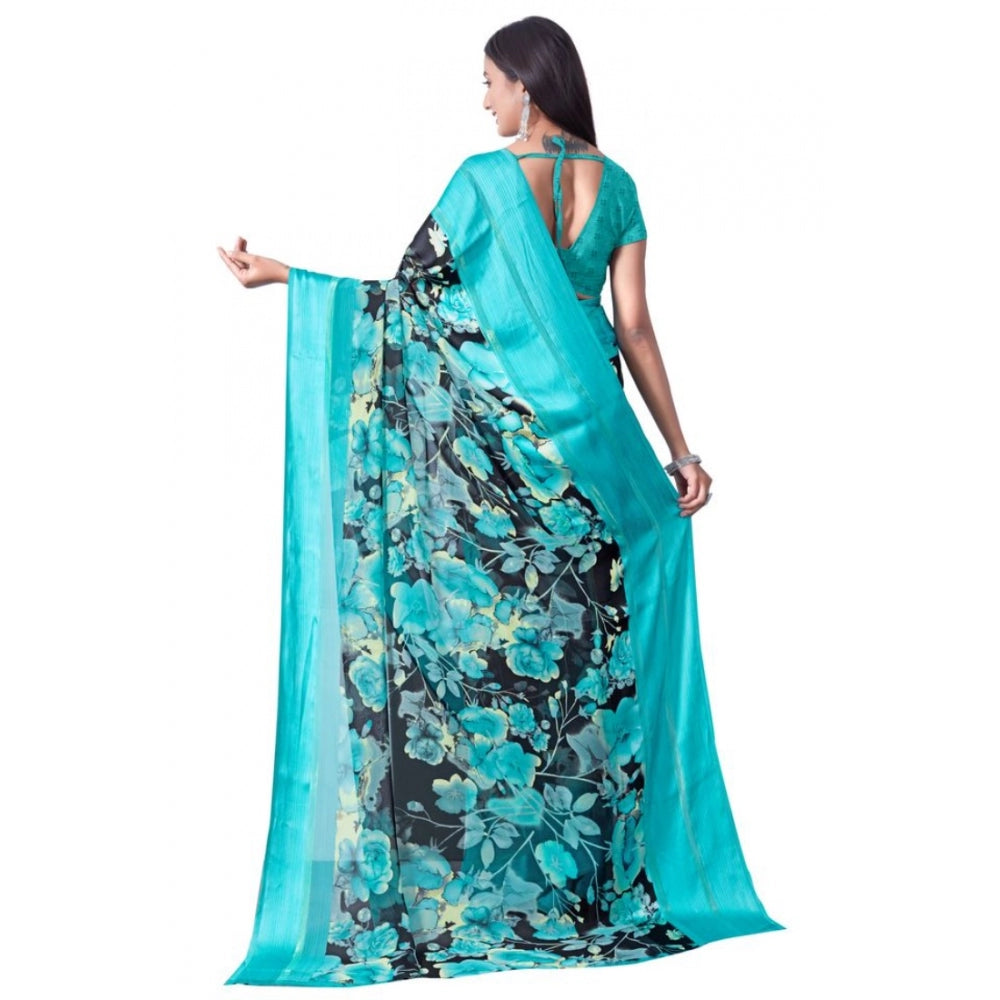 Amfyn Women's Sattin Patta Printed Saree With Unstitched Blouse (Blue, 5-5 Mtrs)