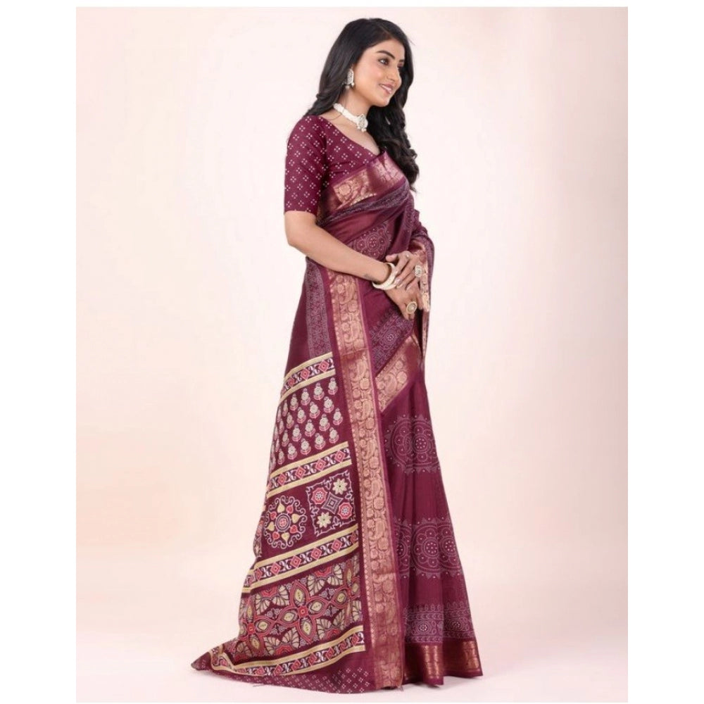 Amfyn Women's Cotton Printed Saree With Unstitched Blouse (Maroon, 5-5 Mtrs)