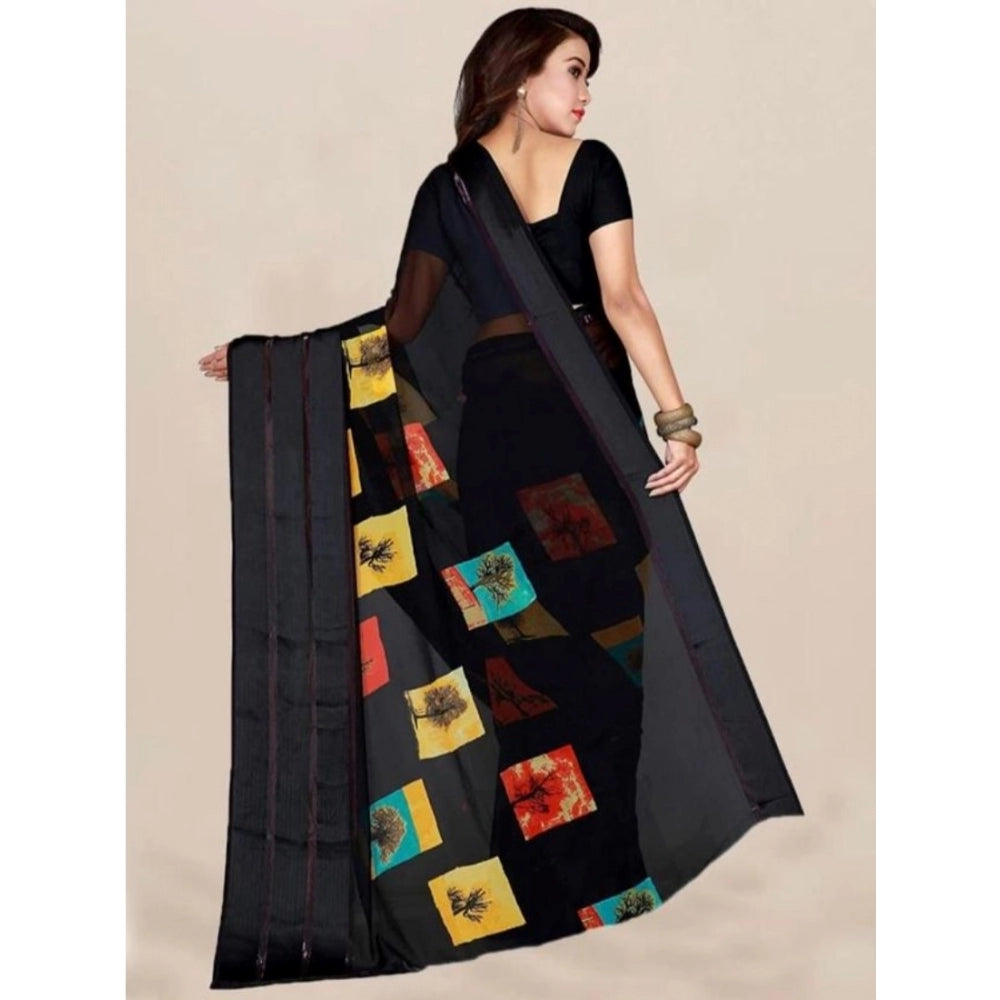 Amfyn Women's Sattin Patta Printed Saree With Unstitched Blouse (Black, 5-5 Mtrs)