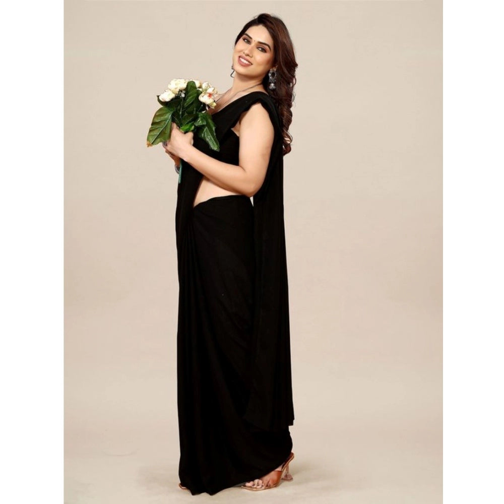 Amfyn Women's Georgette Solid Saree With Unstitched Blouse (Black, 5-5 Mtrs)