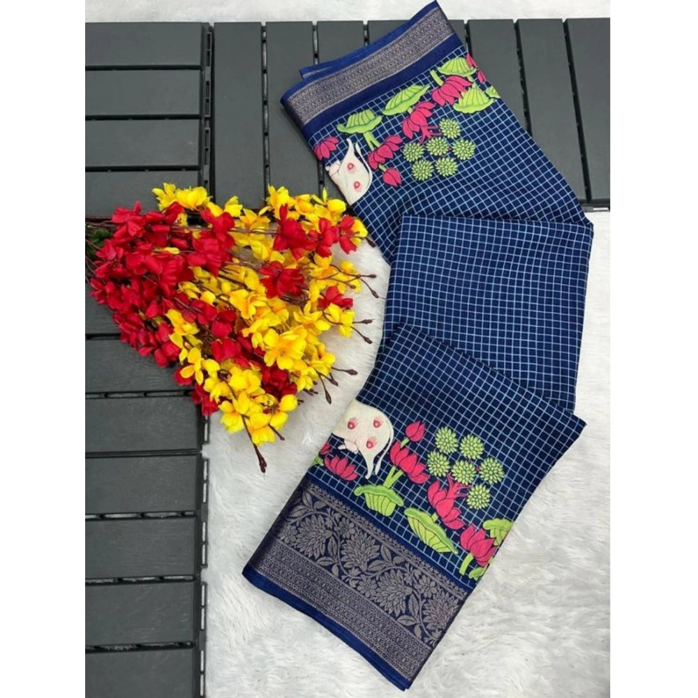 Amfyn Women's Dola Silk Printed Saree With Unstitched Blouse (Navy Blue, 5-5 Mtrs)