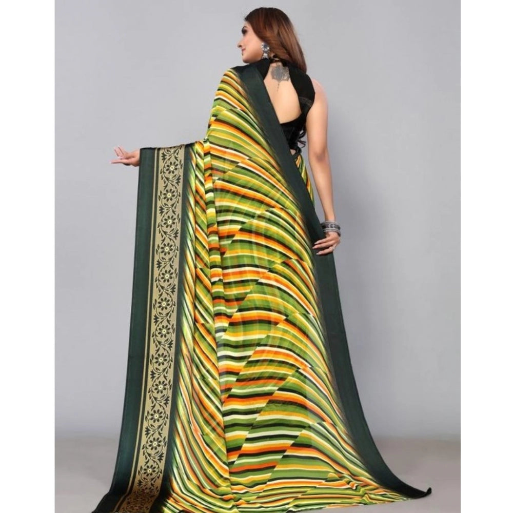 Amfyn Women's Sattin Patta Printed Saree With Unstitched Blouse (Green, 5-5 Mtrs)