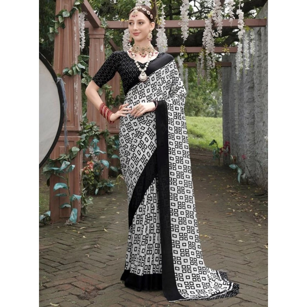Amfyn Women's Georgette Printed Saree With Unstitched Blouse (Black, 5-5 Mtrs)
