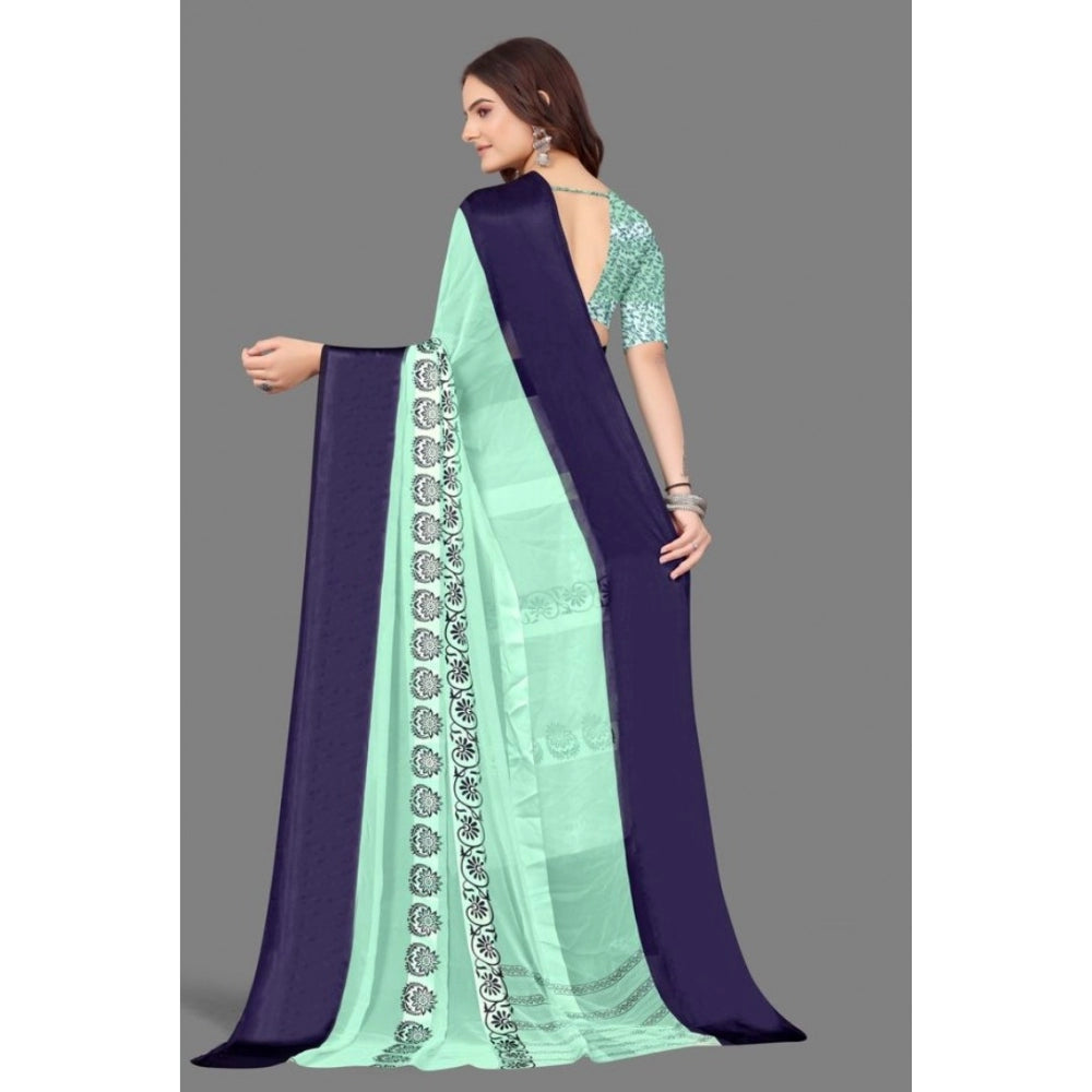 Amfyn Women's Sattin Patta Printed Saree With Unstitched Blouse (Blue, 5-5 Mtrs)