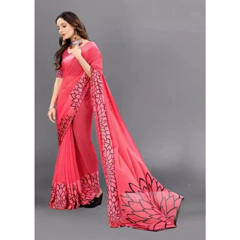 Amfyn Women's Sattin Patta Printed Saree With Unstitched Blouse (Pink, 5-5 Mtrs)