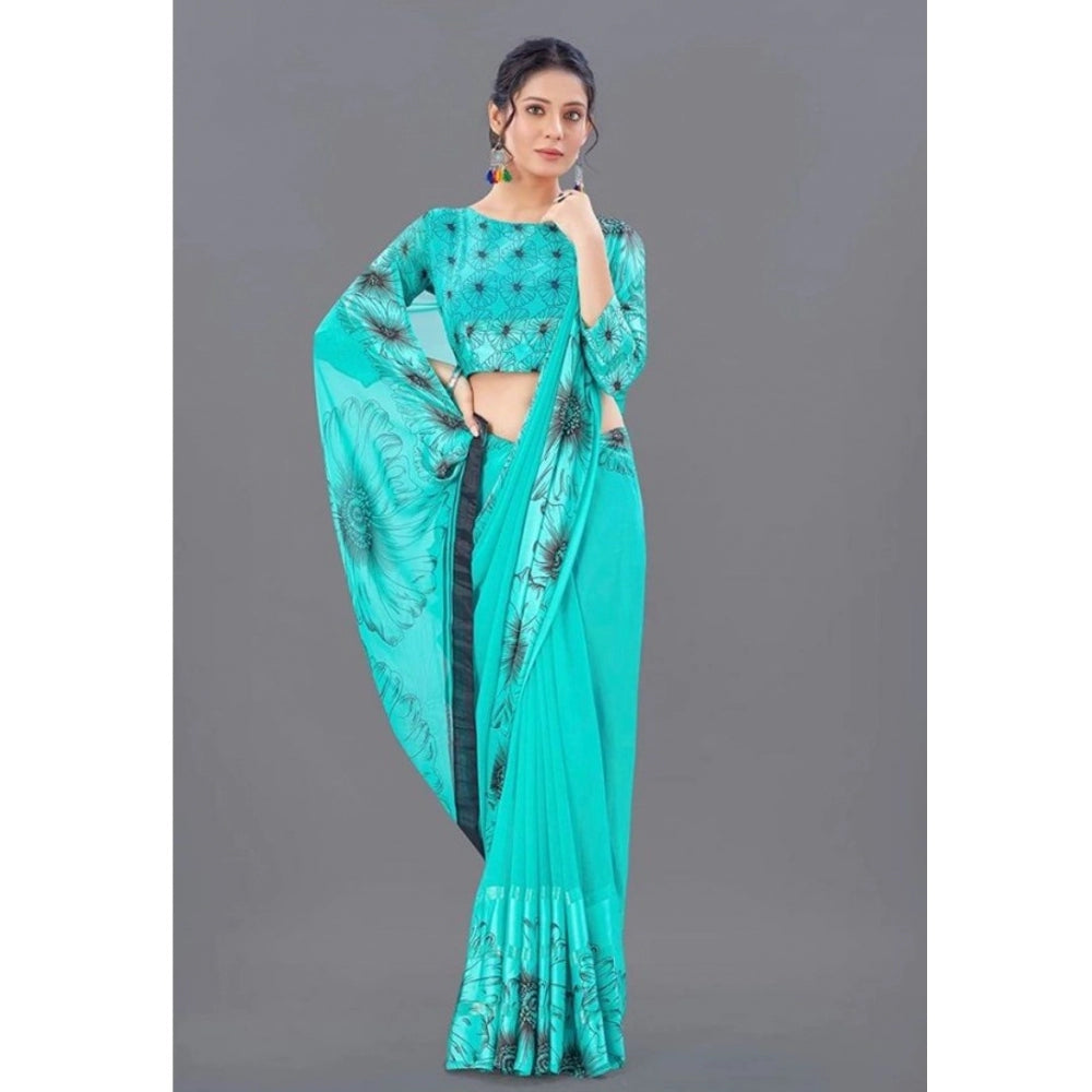 Amfyn Women's Sattin Patta Printed Saree With Unstitched Blouse (Teal, 5-5 Mtrs)