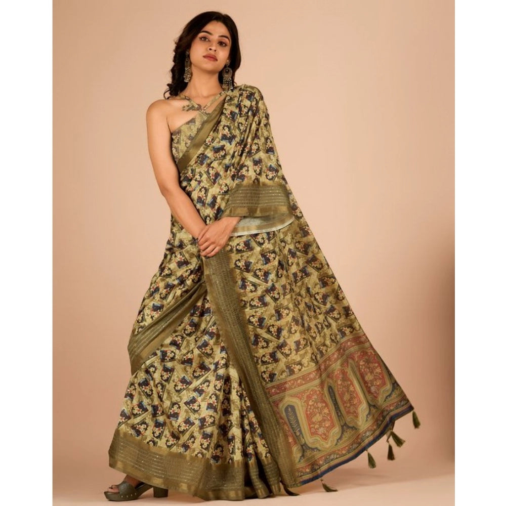 Amfyn Women's Digital Printed Saree With Unstitched Blouse (Mehendi, 5-5 Mtrs)