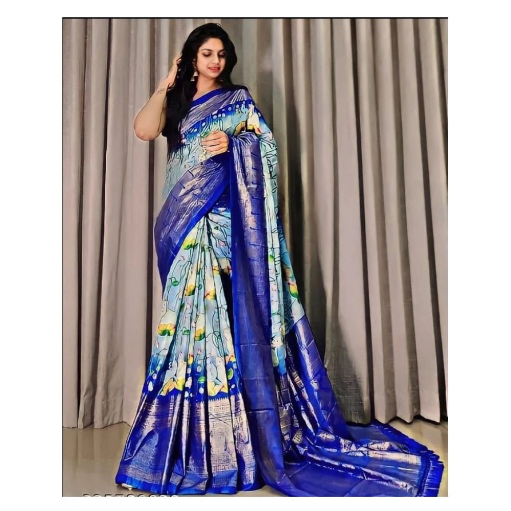Amfyn Women's Dola Foli Printed Saree With Unstitched Blouse (Blue, 5-5 Mtrs)