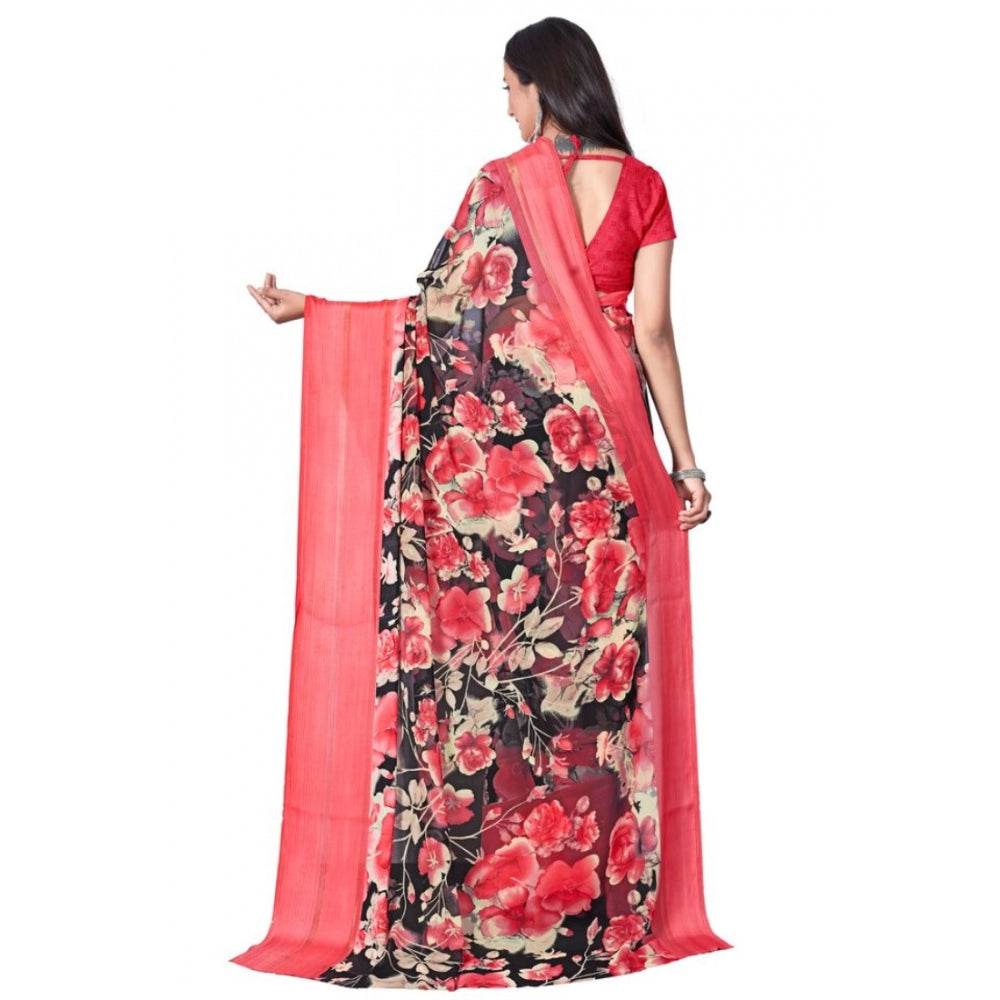 Amfyn Women's Sattin Patta Printed Saree With Unstitched Blouse (Red, 5-5 Mtrs)