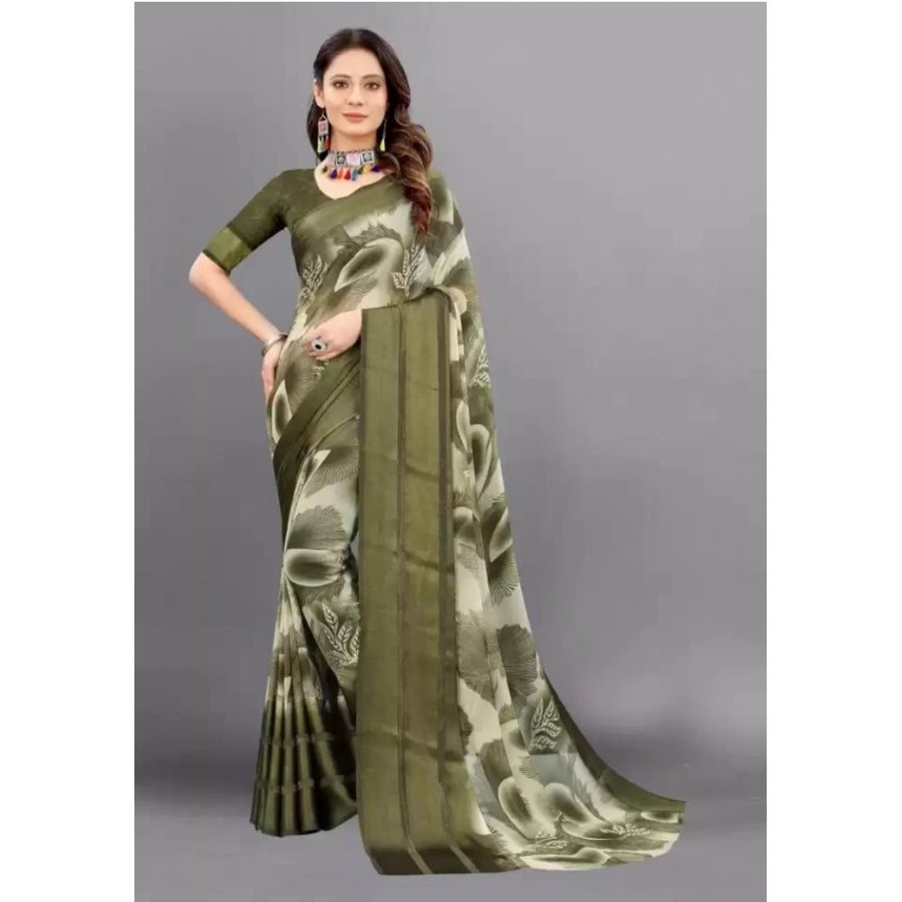 Amfyn Women's Sattin Patta Printed Saree With Unstitched Blouse (Olive, 5-5 Mtrs)
