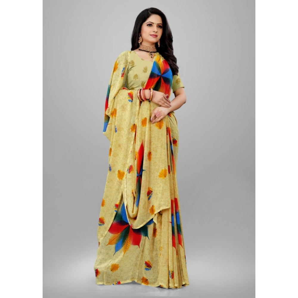 Amfyn Women's Georgette Printed Saree With Unstitched Blouse (Mustard, 5-5 Mtrs)